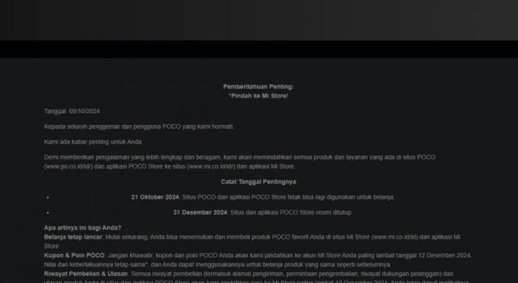 Poco Indonesia Umumkan Tutup Situs Resmi dan Aplikasi Toko