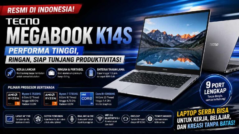 Laptop Tecno Megabook K14S Resmi di Indonesia, Tawarkan Performa Tinggi dalam Bodi Ringan