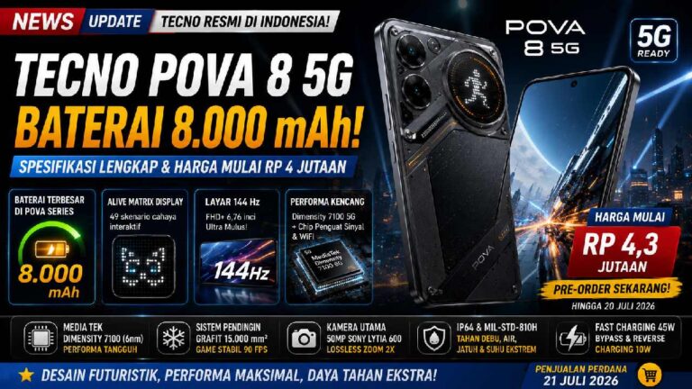 Spesifikasi Tecno Pova 8 5G, Baterai 8.000 mAh dengan Harga Mulai Rp 4 Jutaan