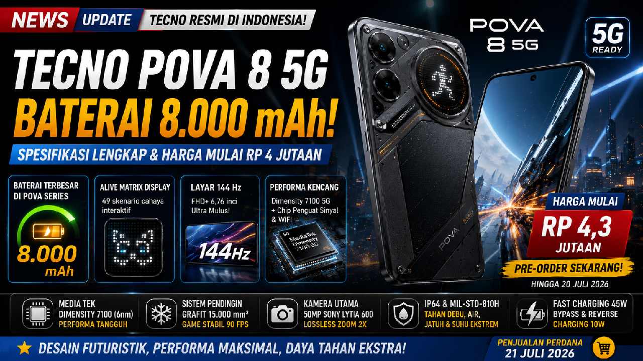 Spesifikasi Tecno Pova 8 5G, Baterai 8.000 mAh dengan Harga Mulai Rp 4 Jutaan