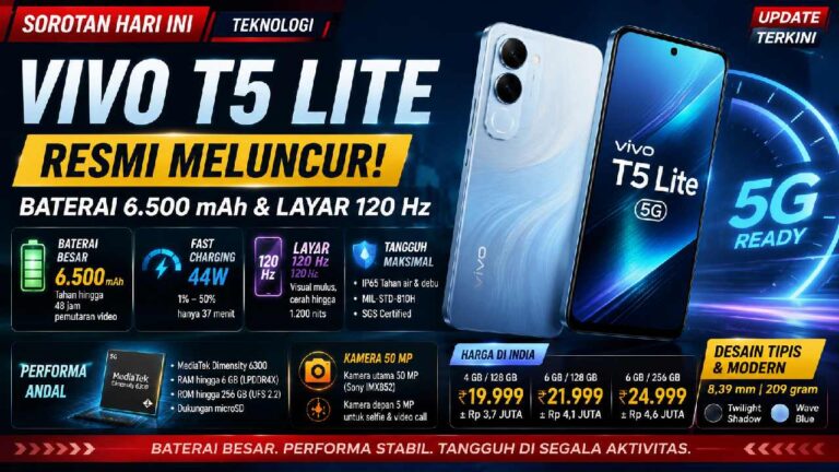 Vivo T5 Lite Resmi Meluncur dengan Baterai 6.500 mAh dan Layar 120 Hz