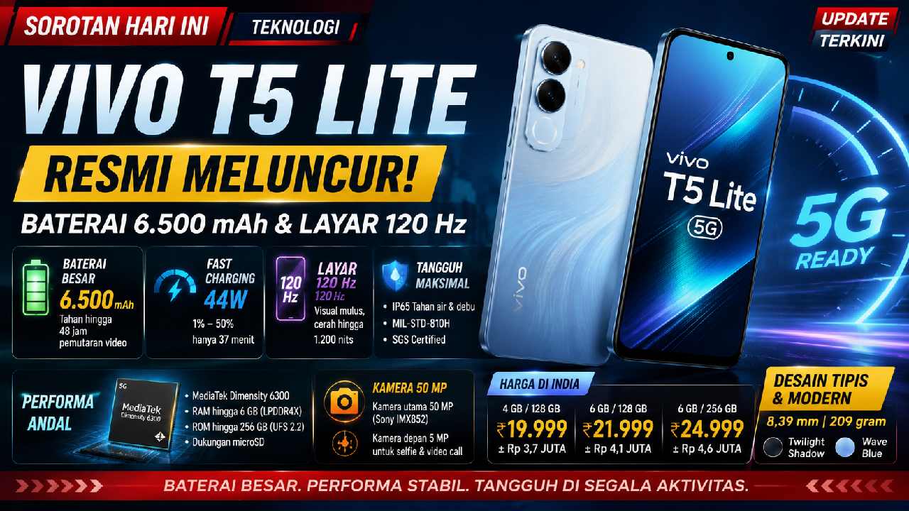 Vivo T5 Lite Resmi Meluncur dengan Baterai 6.500 mAh dan Layar 120 Hz